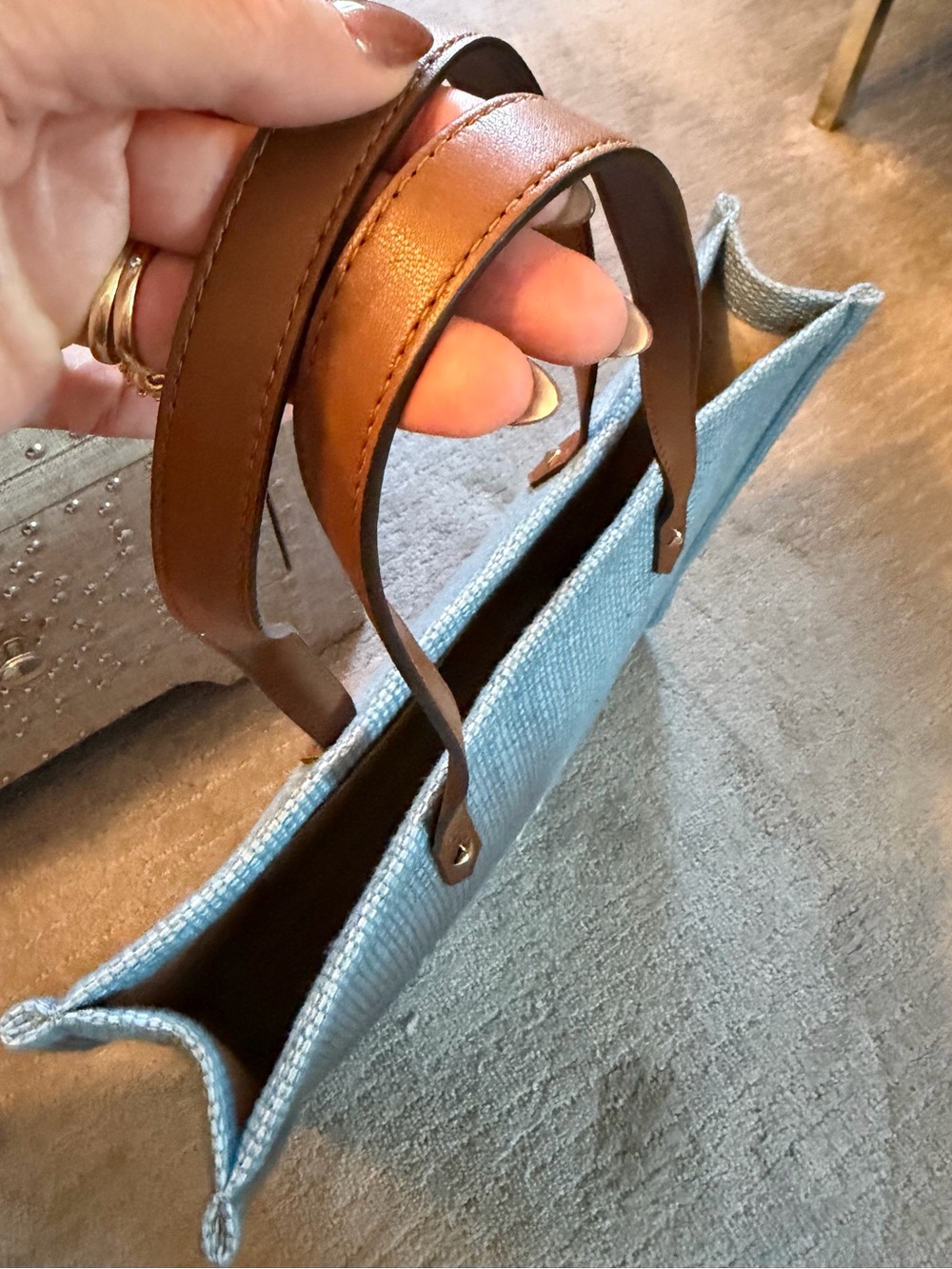 Jimmy Choo NIP London Rhea Blue Raffia Tote Brown Leather Handles $795 MSRP COA - Picture 9 of 15